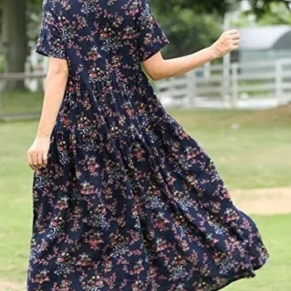 Women's 2X Blue Floral Casual Curvy Babydoll Midi PLUS Short Sleeve Cotton Dress - Picture 9 of 9